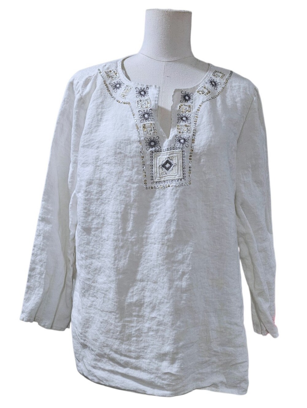 VTG Richard Malcolm White Irish Linen Embroidered V Neck Tunic Size XL